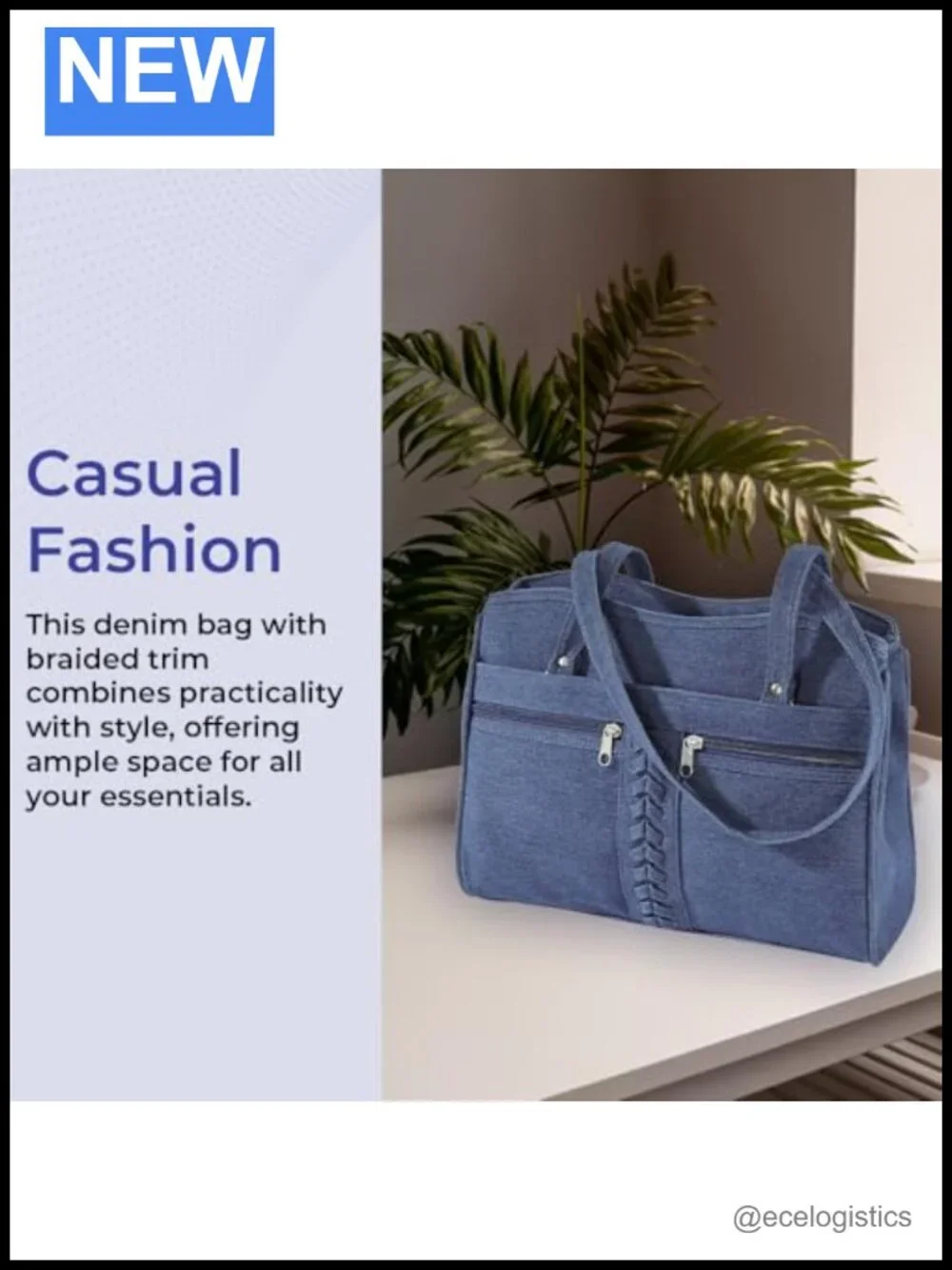 Denim Shoulder Bag Crossbody with Braided Trim, Two Top Handles